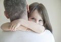 Portrait of cute little girl held in father arms. Happy loving family. Father and his daughter child girl playing hugging Royalty Free Stock Photo