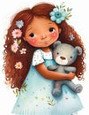 Portrait of cute little girl hugging teddy bear, white background, watercolor painting, nursery art. Generative ai Royalty Free Stock Photo