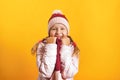 Portrait of a cute little girl in a jacket, scarf and hat on a yellow background. Autumn and winter concept Royalty Free Stock Photo