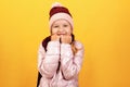 Portrait of a cute little girl in a jacket, scarf and hat on a yellow background. Autumn and winter concept Royalty Free Stock Photo