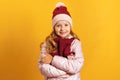 Portrait of a cute little girl in a jacket, scarf and hat on a yellow background. Royalty Free Stock Photo