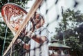 portrait of cute little girl playing tennis in summer Royalty Free Stock Photo