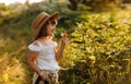 Portrait of cute little girl is smelling wild flower and walks in the rays of a sunset in a flowering meadow, enjoying Royalty Free Stock Photo