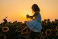 Girl sitting on ladder in sunflowers field Royalty Free Stock Photo