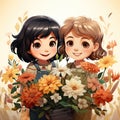 Portrait of cute little girls cartoon personage and flowers painting