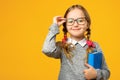 Portrait of a cute little kid girl on a yellow background. Child schoolgirl looking at the camera, holding a book. Royalty Free Stock Photo