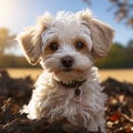 Portrait of cute little Maltese puppy dog sitting in the field outdoor in summer.