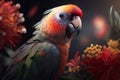 Portrait of a cute little red parrot in flowers in the jungle. Side view exotic tropical bird