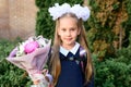 Portrait of a cute little seven year old first-grader girl with a bouquet of flowers ready to go to school. back to school concept Royalty Free Stock Photo