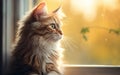 Portrait of a cute long-haired cat looking out the window