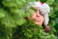 Portrait of cute lovely gir in a santa claus red hat sending blowing kiss with pout lips looking at camera through green branches. Royalty Free Stock Photo