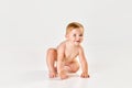 Portrait of cute, lovely little baby girl, toddler in diaper sitting on floor and starting crawling against white studio Royalty Free Stock Photo