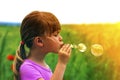 Portrait of cute lovely little girl blowing soap bubbles Royalty Free Stock Photo