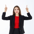 Portrait of cute mature businesswoman wearing black suit in professional confident pointing finger to blank space in advertising Royalty Free Stock Photo