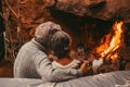 Portrait of cute mature senior enjoying Christmas in front of hot fireplace at home feeling cold embracing together and holding