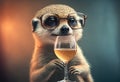 A Portrait of a cute meerkat in glasses holding a glass of champagne. Created with Generative AI Royalty Free Stock Photo
