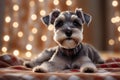 Portrait of a cute miniature schnauzer with big eyes against a plaid background Royalty Free Stock Photo