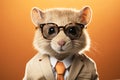 Cute mouse with sunglasses wearing suit and tie on solid background. Generative AI