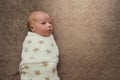 Portrait of a cute newborn little boy 7 days old, one week old. The child lies on the bed in a white wrap on a brown blanket. View Royalty Free Stock Photo