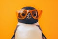 Portrait of cute penguin in sunglasses on orange background close-up front view. Royalty Free Stock Photo