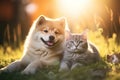 Portrait of a cute pet dog and cat together. Generative AI Royalty Free Stock Photo