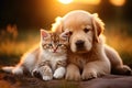 Portrait of a cute pet dog and cat together. Generative AI Royalty Free Stock Photo