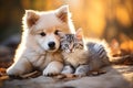 Portrait of a cute pet dog and cat together. Generative AI Royalty Free Stock Photo