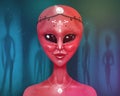 Portrait of a cute pink alien girl smiling and looking at camera