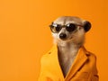 Portrait of a cute posing stylish meerkat in vibrant business suit wearing sunglasses, light orange background