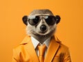 Portrait of a cute posing stylish meerkat in vibrant business suit wearing sunglasses, light orange background