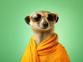 Portrait of a cute posing stylish meerkat in vibrant dress wearing sunglasses, light green background.