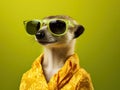 Portrait of a cute posing stylish meerkat in vibrant dress wearing sunglasses, light green background.