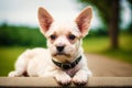 Portrait of a Cute puppy of the Yorkshire Terrier dog standing on the green grass in the park. Generative AI Royalty Free Stock Photo