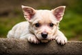 Portrait of a Cute puppy of the Yorkshire Terrier dog standing on the green grass in the park. Generative AI Royalty Free Stock Photo