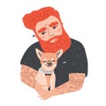 Portrait of cute redhead bearded man with tattoos holding his dog or puppy. Funny male cartoon character embracing Royalty Free Stock Photo