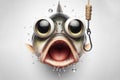 portrait of a cute shocked fish with open mouth caught on a hook. ai generative