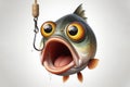portrait of a cute shocked fish with open mouth caught on a hook. ai generative