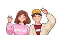 Portrait of cute smiling anime boy and girl showing hello gestures. Manga couple of trendy teenagers wave hands. Vector Royalty Free Stock Photo