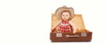 Portrait of cute smiling baby in straw summer hat sitting in suitcase on white background