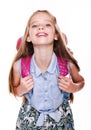 Portrait of cute smiling happy little school girl child teenager with school bag backpack isolated