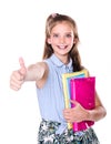 Portrait of cute smiling happy little school girl child teenager with finger up and books Royalty Free Stock Photo