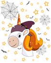 Portrait of cute smiling unicorn with witch hat, bats, spiderwebs and stars. Halloween theme Royalty Free Stock Photo