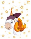 Portrait of cute smiling unicorn with witch hat and stars. Halloween theme Royalty Free Stock Photo