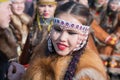 Portrait cute smiling young woman in traditional clothing aboriginal people Kamchatka Peninsula. Celebration Koryak