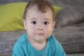 Portrait of a cute surprised toddler girl boy of 10 months. Baby looks with surprised eyes. A large portrait of a funny surprised Royalty Free Stock Photo