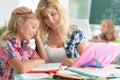 Portrait of cute teacher with two schoolgirls during lesson Royalty Free Stock Photo