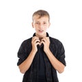 Portrait of a cute teenage boy with headphones, Braces on teeth Royalty Free Stock Photo