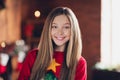 Portrait of cute teenage girl brown hair in red pullover ugly sweater preparing for christmas eve celebrated holiday