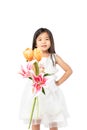 Portrait of so cute thoughtful asian child girl  with flower in hands isolated on white background . Imagine, idea ,fun ,dreaming Royalty Free Stock Photo