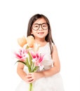 Portrait of so cute thoughtful asian child girl wear glasses eyes  with flower in hands isolated on white background . Imagine, Royalty Free Stock Photo